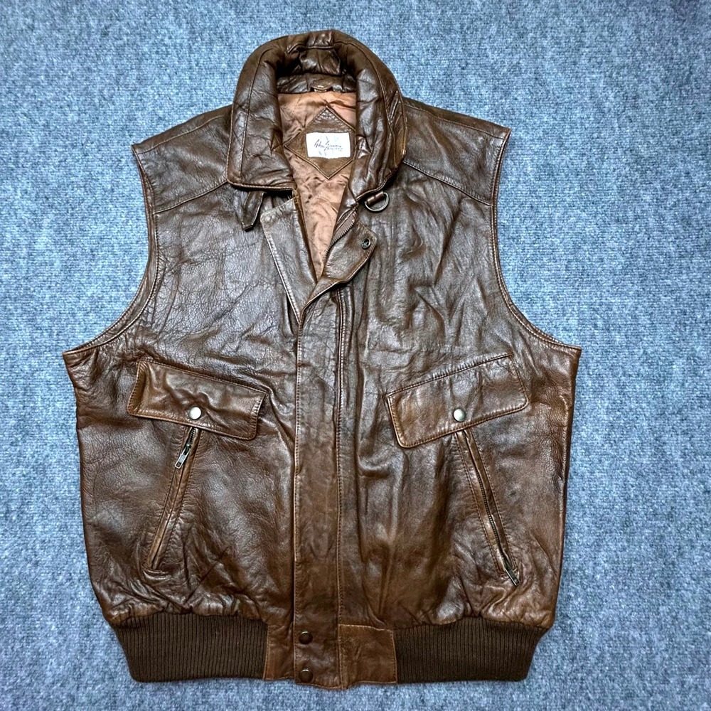 Vintage Adam Spencer Brown Leather Bomber Vest Mens XL 46-48 Quilted Aviator